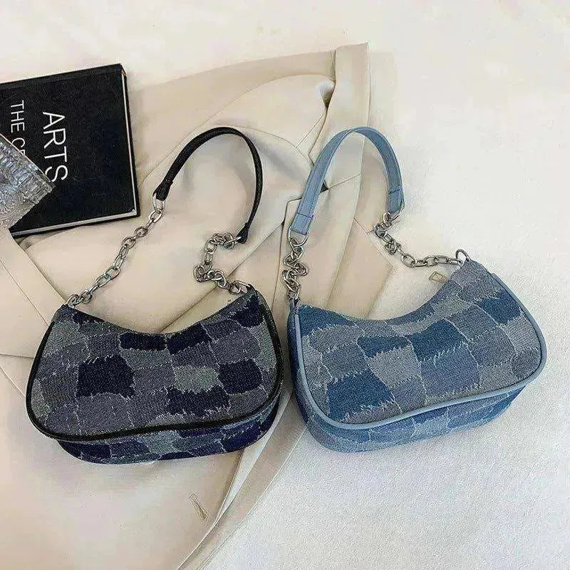 Sac pour femme en jean à épaules avec patchwork à carreaux simple sous le bras - EX-STOCK CANADA
