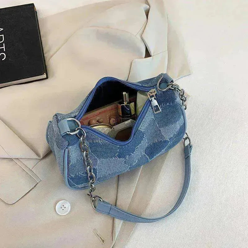 Sac pour femme en jean à épaules avec patchwork à carreaux simple sous le bras - EX-STOCK CANADA