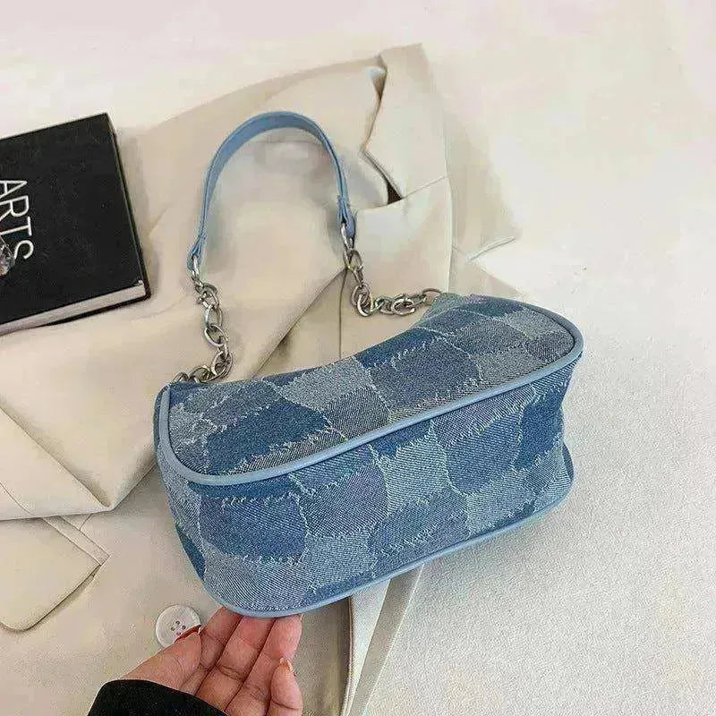 Sac pour femme en jean à épaules avec patchwork à carreaux simple sous le bras - EX-STOCK CANADA