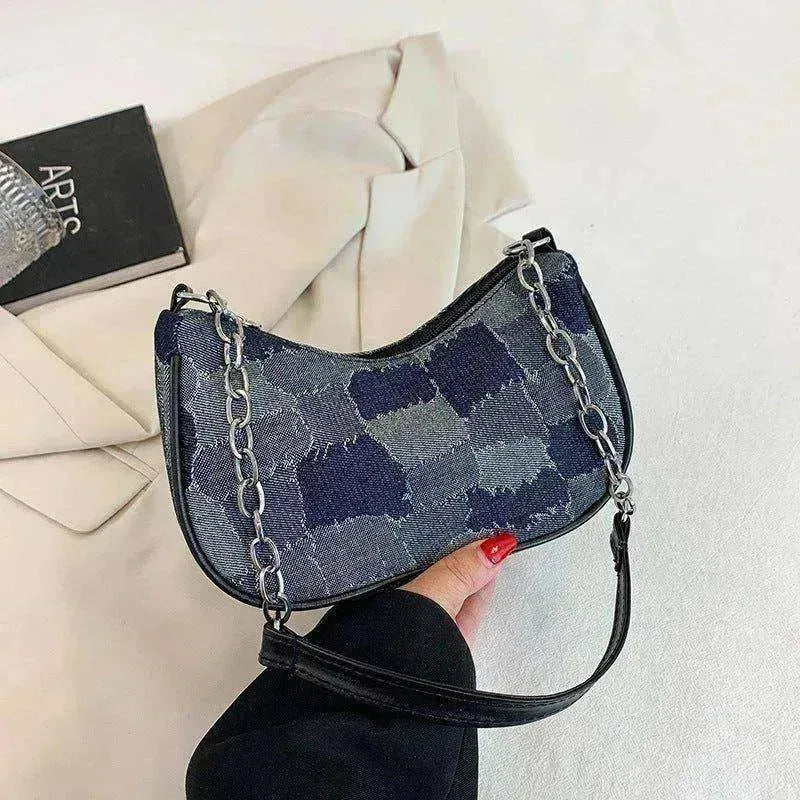 Sac pour femme en jean à épaules avec patchwork à carreaux simple sous le bras - EX-STOCK CANADA