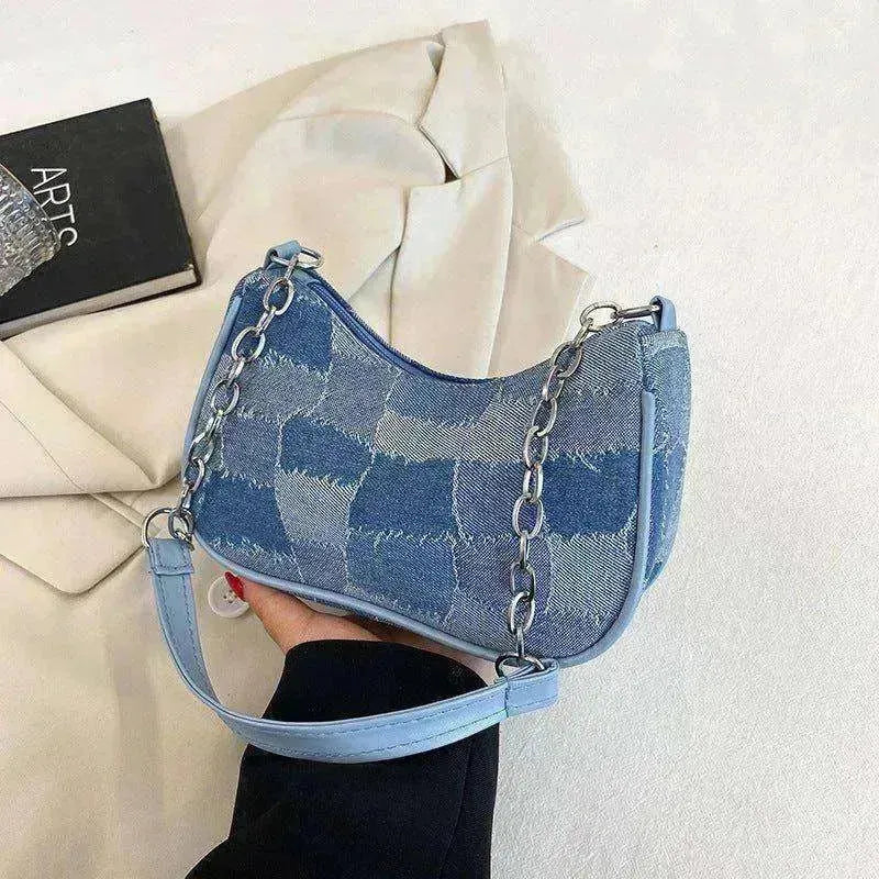 Sac pour femme en jean à épaules avec patchwork à carreaux simple sous le bras - EX-STOCK CANADA