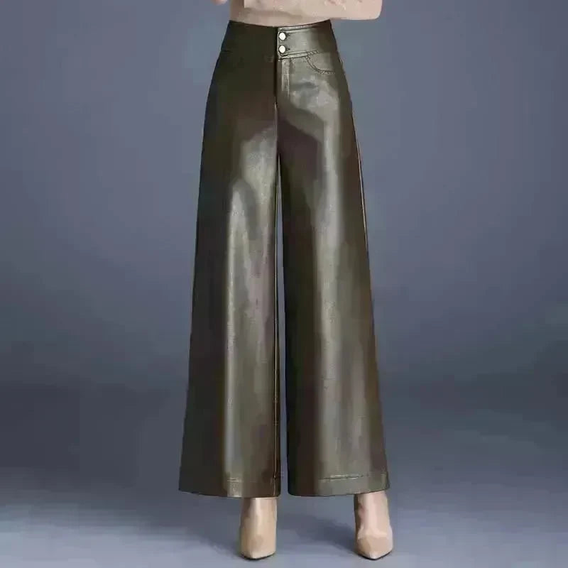 High Waist Thick Loose Big Leg Straight All-matching Wide Leg Leather trouser Pants For Women - EX-STOCK CANADA