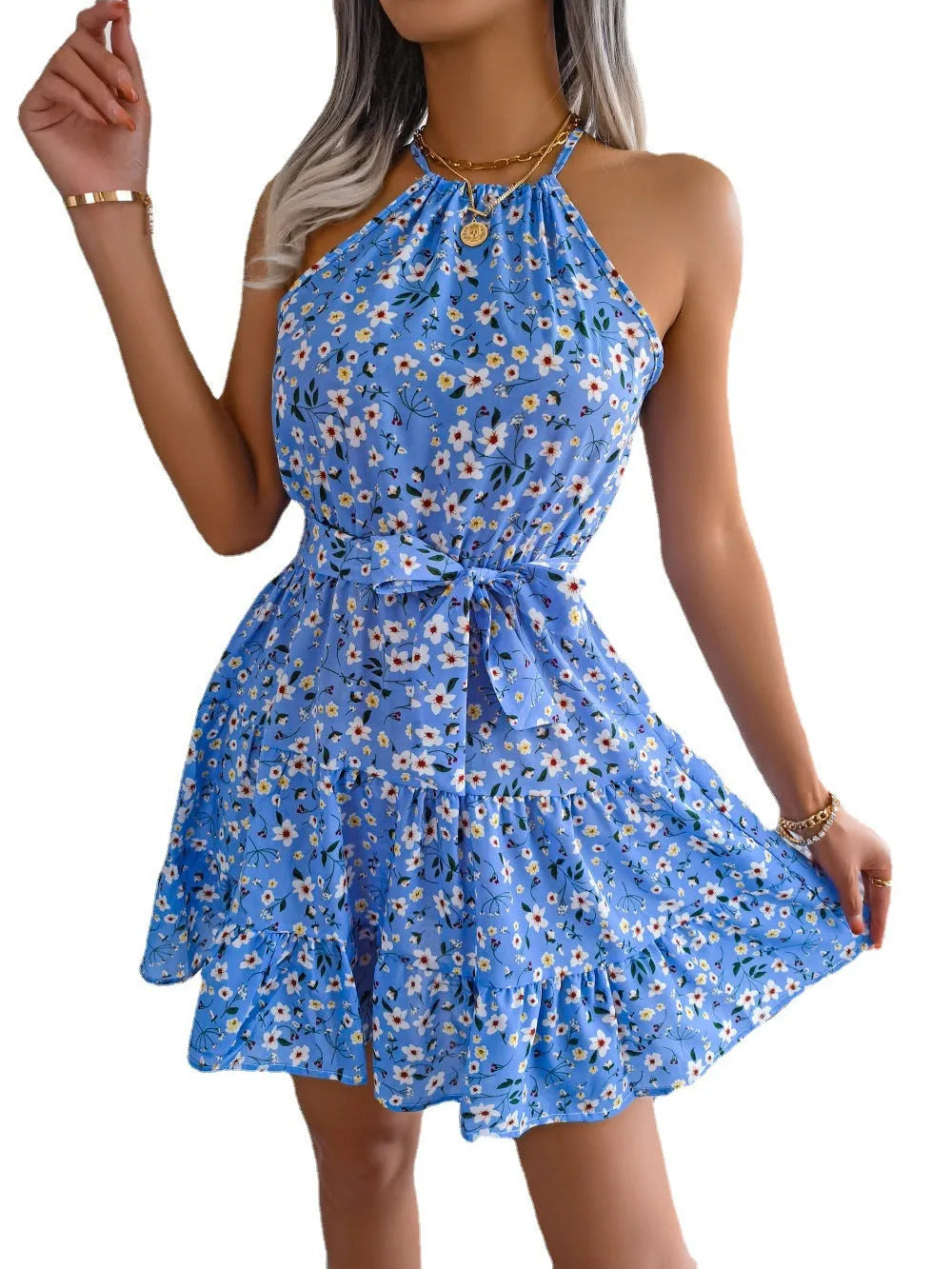 Spring Summer European And American Mini Tie belt summer Sundress Floral Halter neck dress - EX-STOCK CANADA