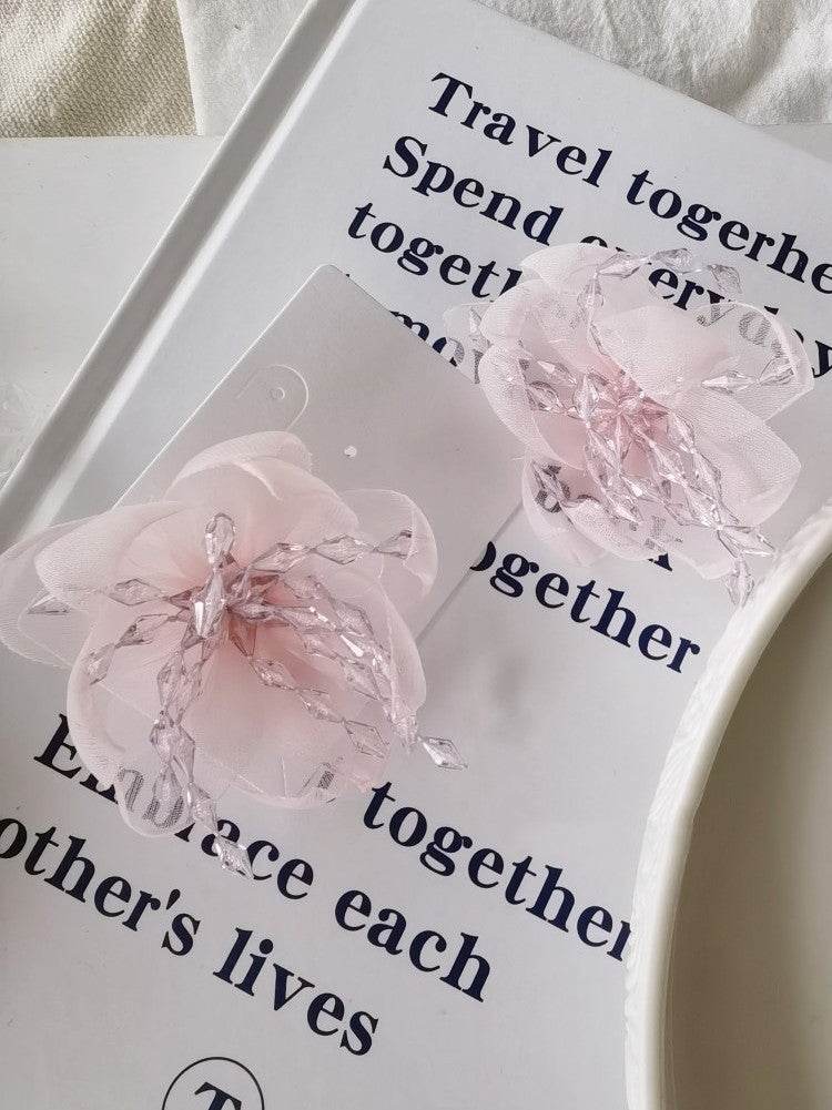 Temperament Flower Sweet Tulle Beaded Exaggerated Earrings - EX-STOCK Canada