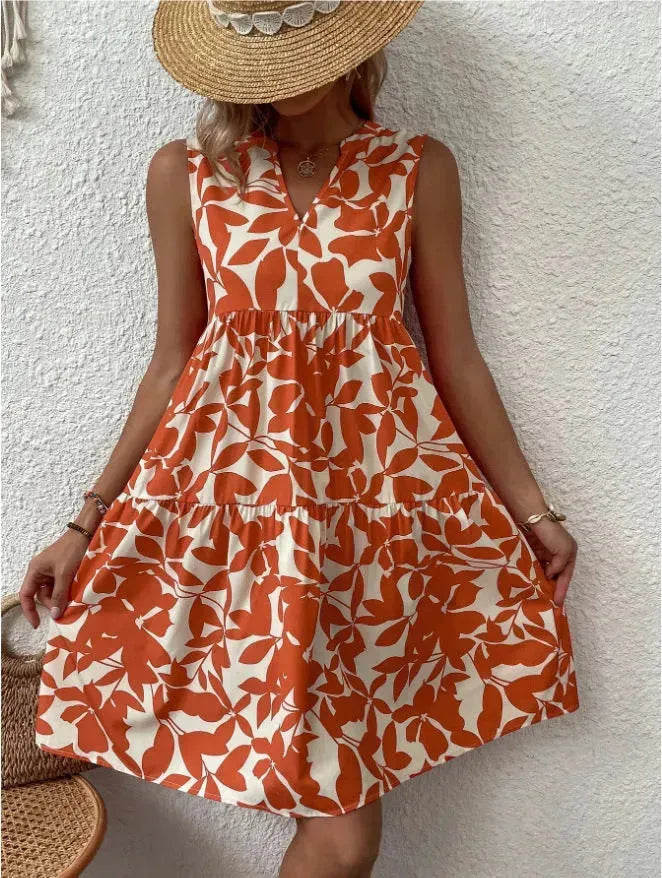 Bohemian Dresses Summer Beach Fashion Loose V-neck Pleated Print Sleeveless Dress For Women - EX-STOCK CANADA