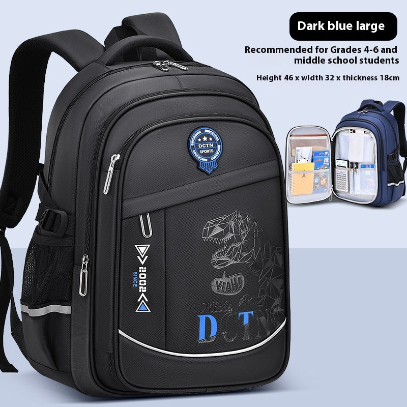 Black backpack with dinosaur design and multiple compartments on a light blue background