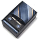 Blue striped tie and cufflinks set in a black box on a white background