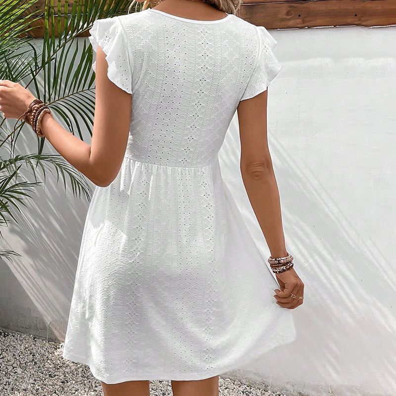 Women's V Neck Lace Mini Dresses Casual Summer Ruffle Sleeve Crochet Sundresses EX-STOCK