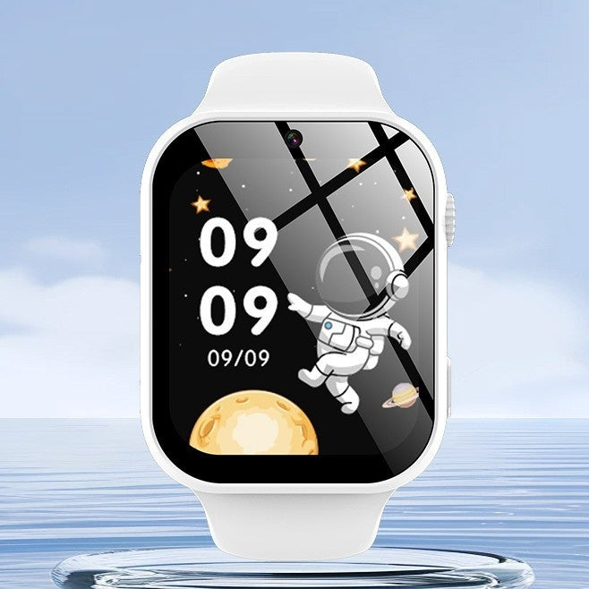 Smartwatch with a space-themed display on a blue gradient background