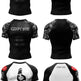 A 3x4 grid showing ten different short-sleeve rash guard shirts, displaying both front and back views. The designs include black and multicolor (green, red, yellow) shoulder prints, 'CODY KITS' text on two shirts, a panda graphic on one shirt, and dragon illustrations on two gray and black shirts.