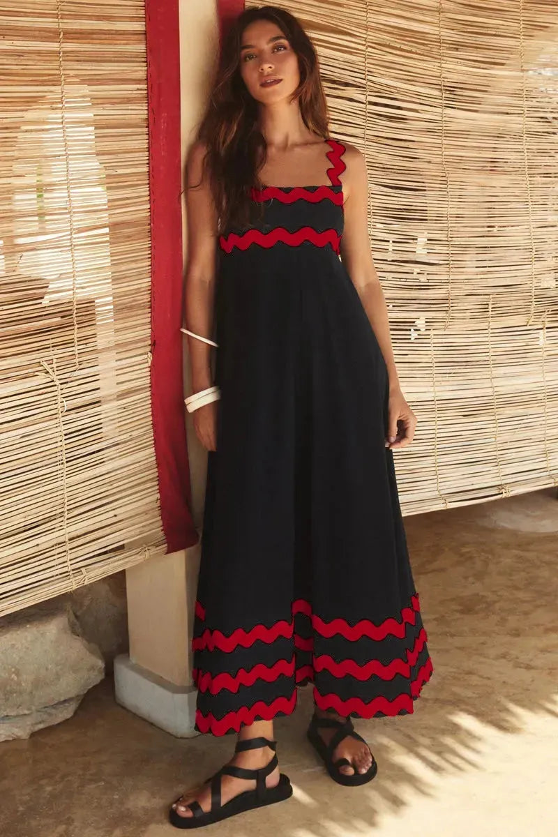 Flowers Print Wavy Pattern Suspender Long Dress For Women Fashion A-Line Beach Dresses Womens Clothing - EX-STOCK CANADA