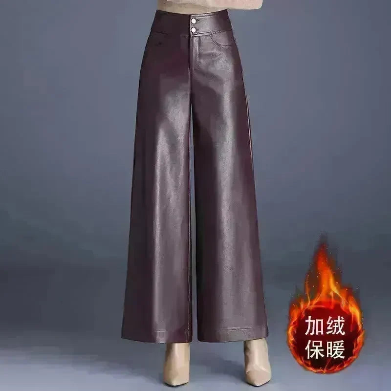 High Waist Thick Loose Big Leg Straight All-matching Wide Leg Leather trouser Pants For Women - EX-STOCK CANADA