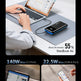 Promotional infographic for a portable power bank showing three usage scenarios with laptops, an iPad, and a smartphone. The top panel shows a hand using a laptop and phone on a desk with a 140W fast charger, and the bottom panels show charging percentages for an iPad and an iPhone.