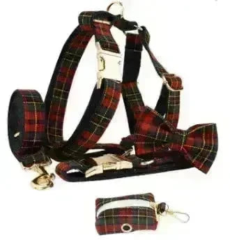 Christmas Pet Collar Plaid With Green Background Dog Rope Leash Suit - EX-STOCK CANADA