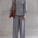 Women's Light Gray Blazer & Wide-Leg Pants Set – Asymmetric V-Neck | XS–2XL