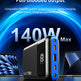 A 140W portable power bank with a black body and bright blue side accents, shown in a promotional graphic with text highlighting high power output and compatibility with laptop charging.