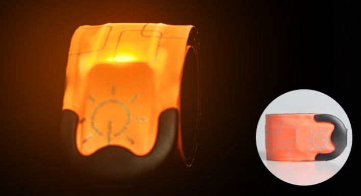 Orange reflective safety vest with a close-up inset on a dark background