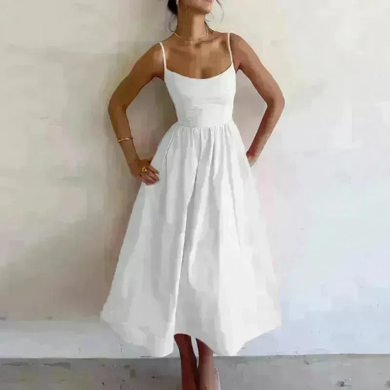 Elegant Solid Color Spaghetti Strap Suspender Skirt Dress Midi Skater Dress for Women - EX-STOCK CANADA