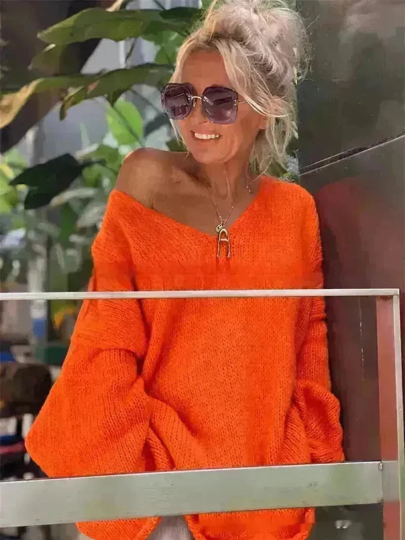 Women's Fashion V-neck Long-sleeve Knitwear 2-color Sweater dress - EX-STOCK CANADA