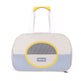 Pet carrier with a yellow handle and circular mesh door on a white background