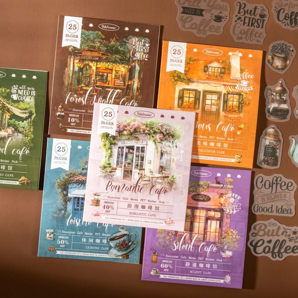 Six illustrated coffee-themed calendar pages or cards arranged on a brown surface, each with a different cafe illustration and text such as Forest Night Cafe, Romantic Cafe, Lemon Cafe, Silent Cafe, and Sweet Cafe. Decorative coffee stickers are visible around them.