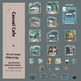 A product listing graphic showing a package of PET sticker designs featuring watercolor illustrations of cozy cafe scenes, mugs, and coffee-themed stickers, with text detailing specifications and pack size on a dark gray background.