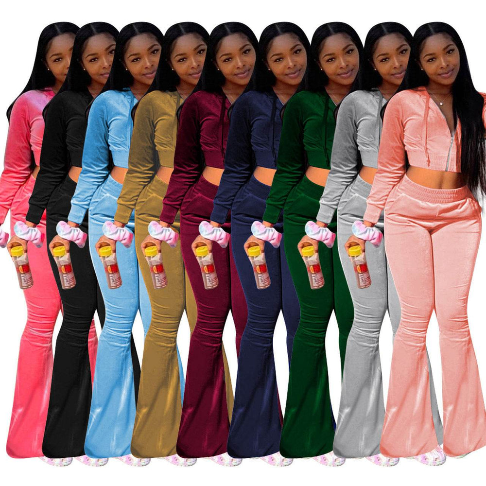 Women 2pcs Velvet Hoodie Wide leg Pant Crop top sweatsuit Athleisure Outfit - EX-STOCK Canada