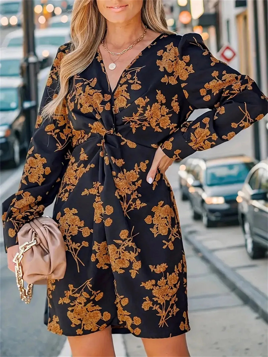 Casual Spring V-neck long sleeve Floral mini dress - EX-STOCK CANADA