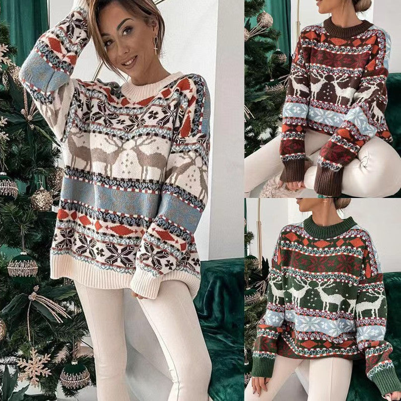 Women's Fashion Round Neck Loose Christmas Theme Jacquard Long Sleeve Sweater EX-STOCK Canada 