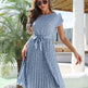 Casual Spring Summer Tie belt Pleated Floral Midi Dress - EX-STOCK Canada