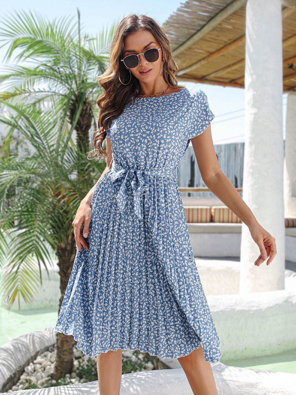 Casual Spring Summer Tie belt Pleated Floral Midi Dress - EX-STOCK Canada