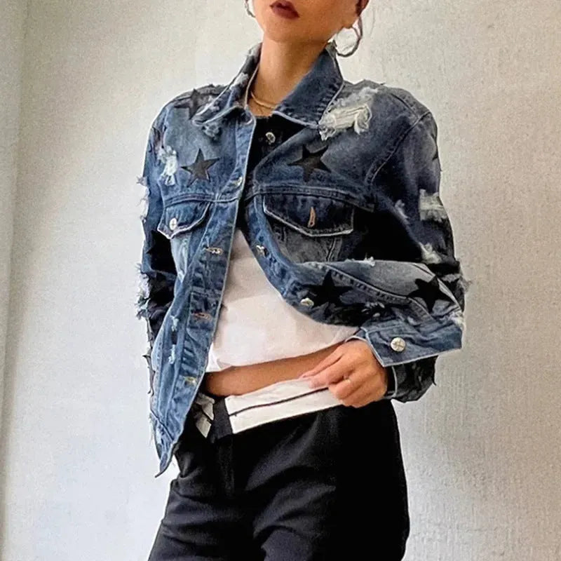 Lapel Star Patch Shredded Single Breasted Denim Jacket For Women - EX-STOCK CANADA