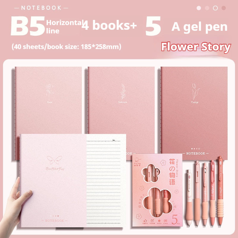 Set of pink notebooks and gel pens with 'Flower Story' branding on a light pink background.
