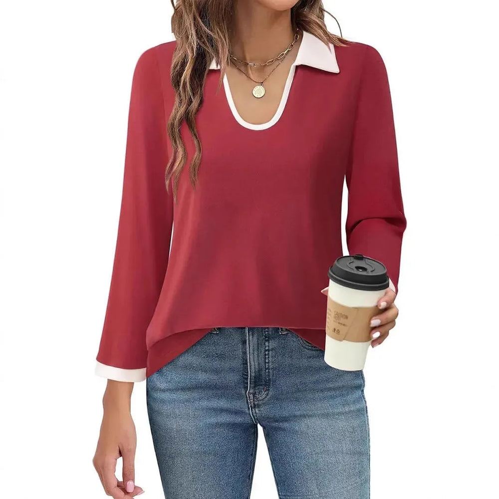 Casual Color Matching Lapel Long Sleeve Blouse Top Women - EX-STOCK CANADA