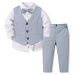 Children's formal outfit with light blue vest, shirt, and pants on a white background