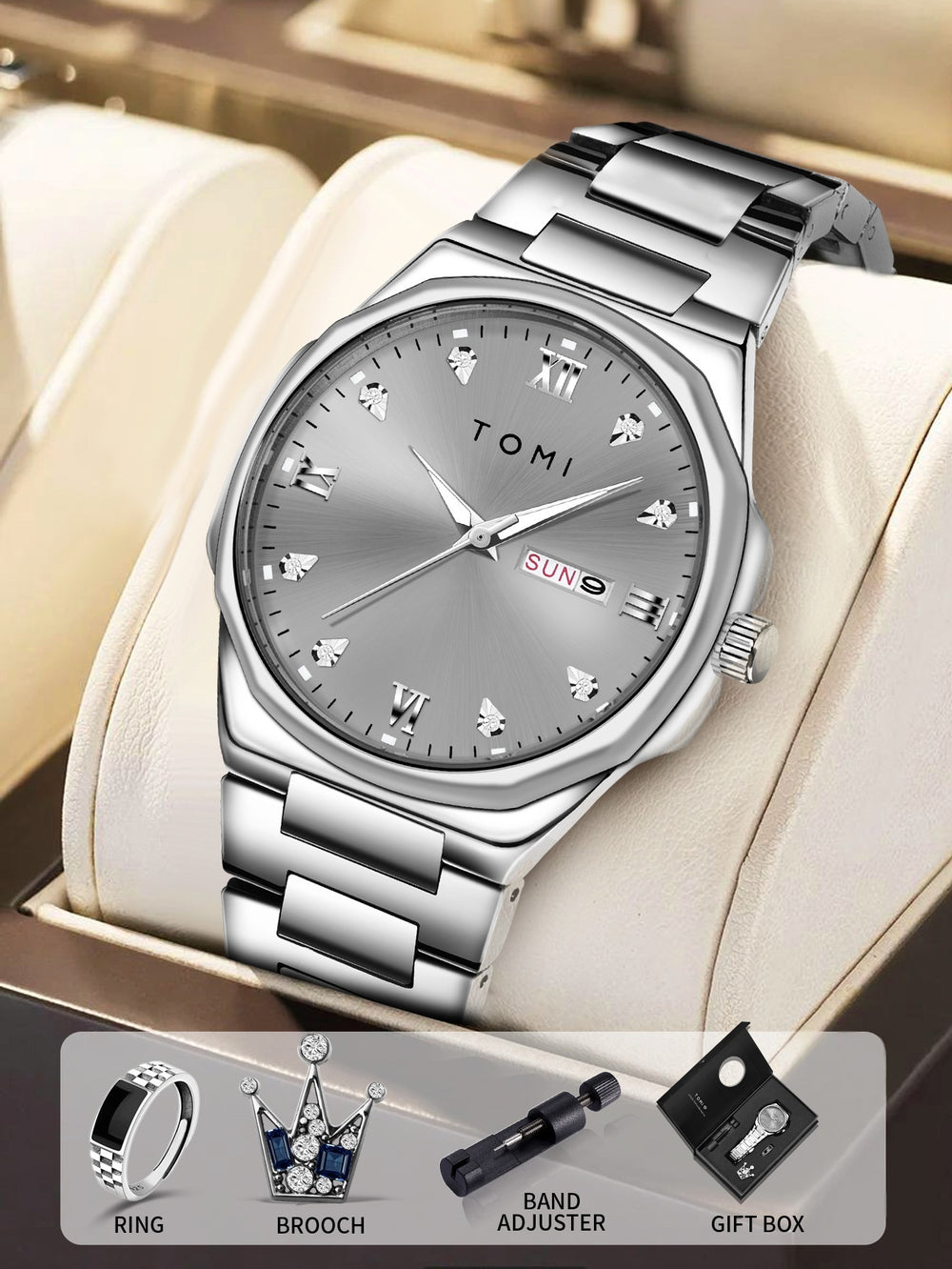 TOMI Diamond Encrusted Quartz Watch for Men – Stainless Steel Dress Watch grey