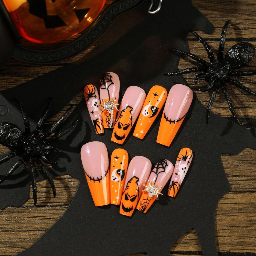 24 PCS Press On False Nails Short Medium Length Full Cover Acrylic Fake Nails Almond Shaped Ballerina Nails Cute Pumpkin Bat Ghost Spider Reusable Nails Nail Salons Home DIY EX-STOCK Canada 