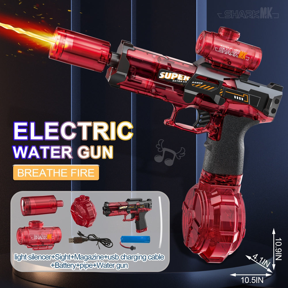 Red electric water gun with flame effect on a dark background