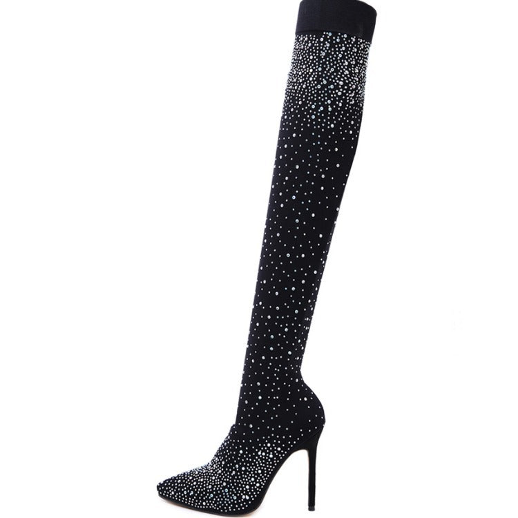 Bottes cuissardes à talons aiguilles pour femmes – Bout pointu, chaussette en mesh scintillant, talons hauts au-dessus du genou 