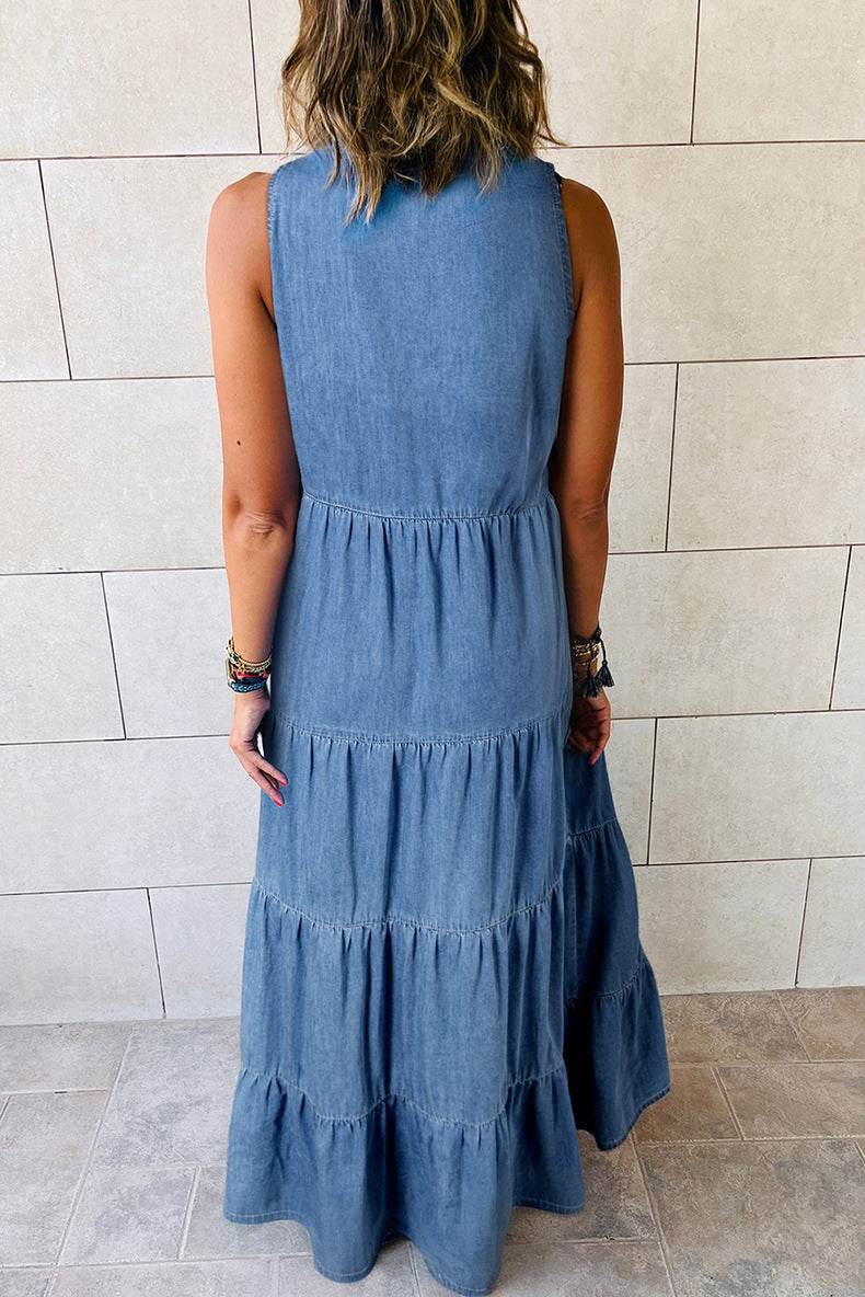 Women's Sleeveless Denim Fashion Retro High Waist Layered Dress - EX-STOCK Canada