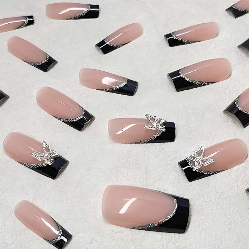24 PCS Black P Ink Butterfly Nail Art, Long Length Long Water Pipe Fake Nails,Square Head Nail Tips False Nail EX-STOCK Canada 