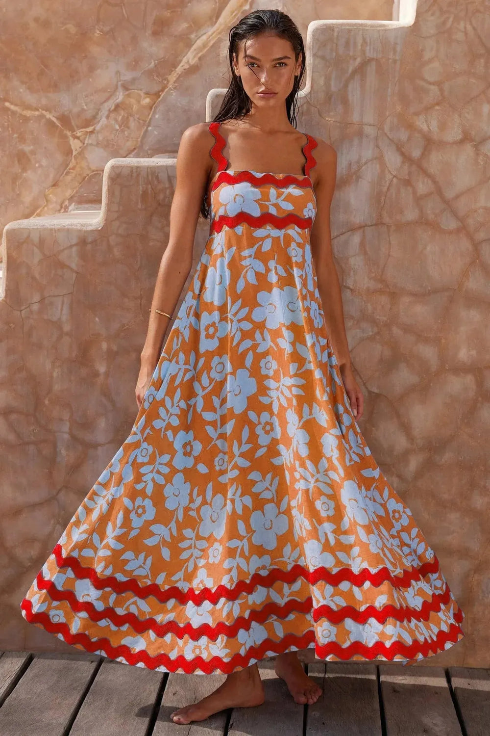 Flowers Print Wavy Pattern Suspender Long Dress For Women Fashion A-Line Beach Dresses Womens Clothing - EX-STOCK CANADA