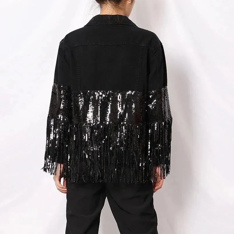 Lapel Pocket Heavy Industry Sequins Tassel  Loose Ripped Denim Jacket Women - EX-STOCK CANADA