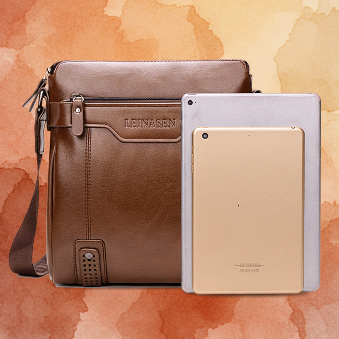 A brown leather messenger bag with a strap and a gold tablet case mounted on the front, displayed against an abstract orange and beige watercolor background.