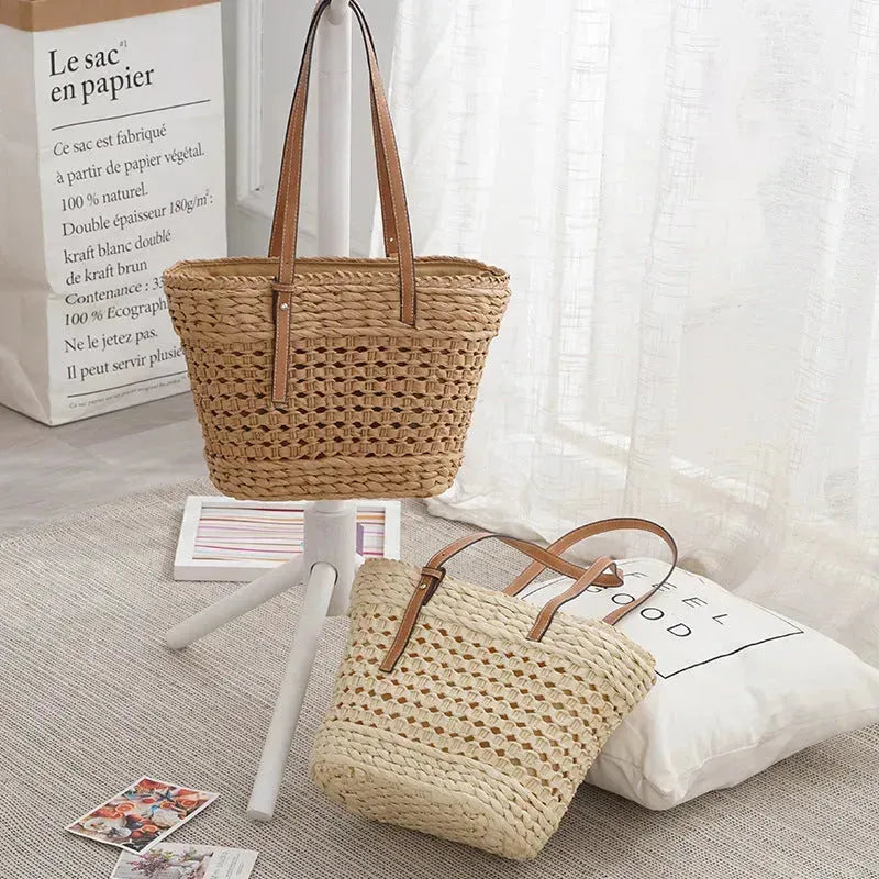 Large Capacity Fashion Urban Simple White Khaki Straw Braided shopper Beach Bag - EX-STOCK CANADA