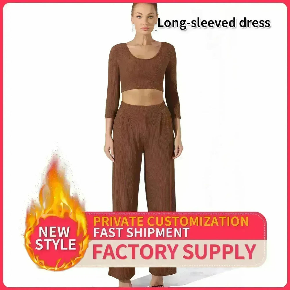 Women Fashion Casual Matching 2pcs set Long Sleeve Crop top and Pant set - EX-STOCK CANADA