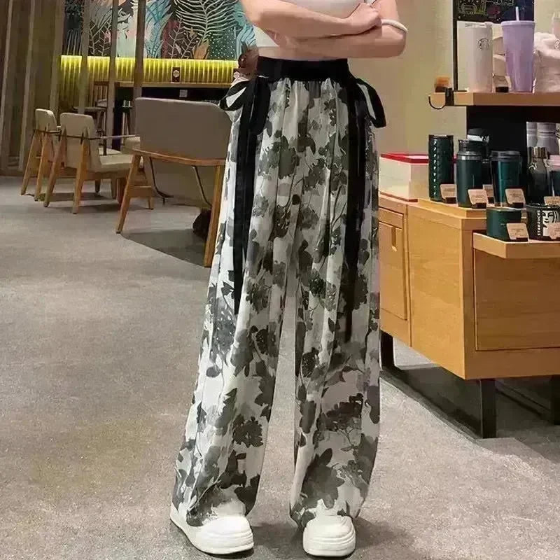 New Painting Ice Silk Wide-leg Baggy Trouser Pants Summer Women - EX-STOCK CANADA