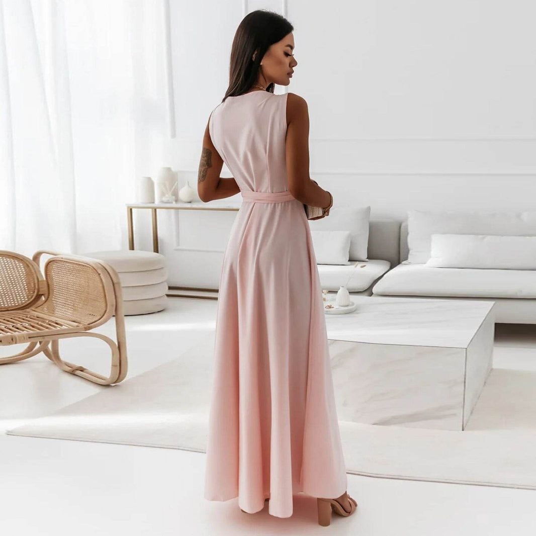 V-neck Sleeveless Dress With Belt Summer Fashion. - EX-STOCK Canada