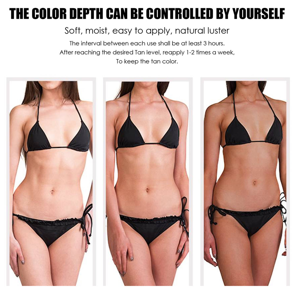 Three stages of a woman wearing a black bikini with text about color depth control.