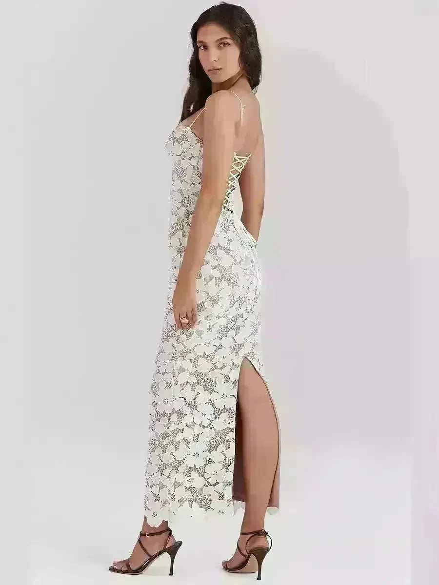 Women White Lace Wedding Dinner Party Cocktail Bodycon Spaghetti Strap Split Long Dress - EX-STOCK CANADA
